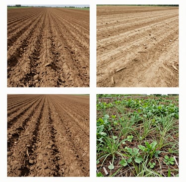 Comparison of dry soil, clay soil, sandy soil, and weedy soil, highlighting the differences 