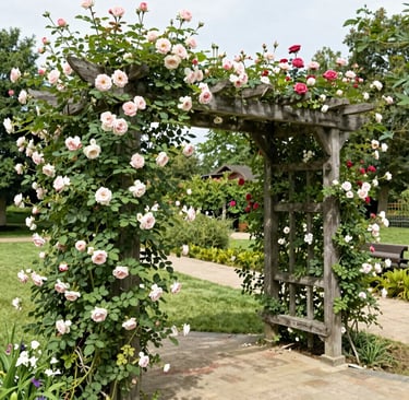pergolas show how structure supports roses, grapes, climbers, and creates shade