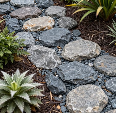 stones and slaps decorating a garden 