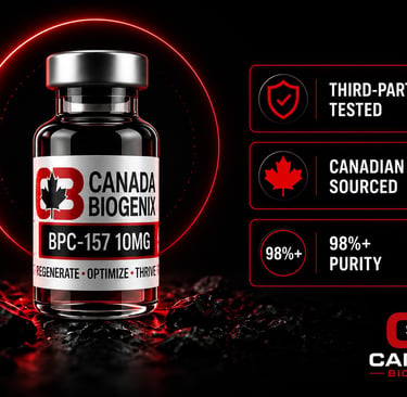 Canada Biogenix BPC-157 10mg peptide vial with third-party tested and 98 percent purity labels.