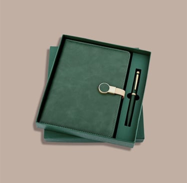 Sleek new joinee kit showcasing an emerald green tech organizer diary and premium pen.