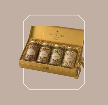 Sophisticated gourmet food hamper with almonds, walnuts, pistachios, and cashews.