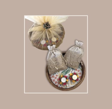 Circular festive gifting tray with silver shimmer potlis and floral accents.