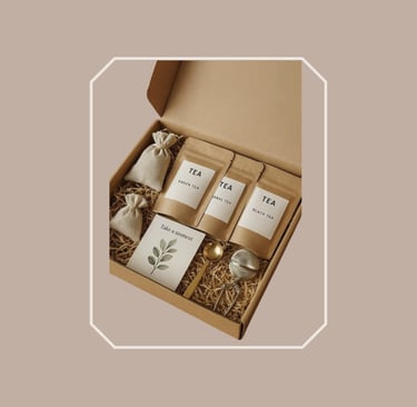 Tea ritual kit inside a cardboard gourmet food hamper box with a golden infuser.