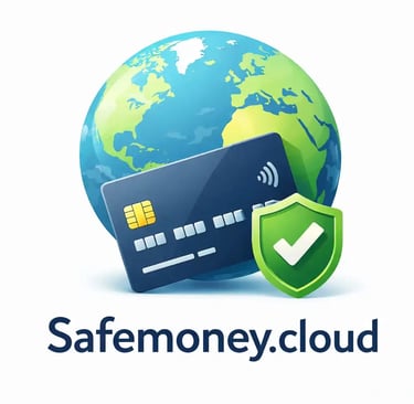 Safemoney.cloud payment card security with globe earth icon and shield checkmark for worldwide transaction protection