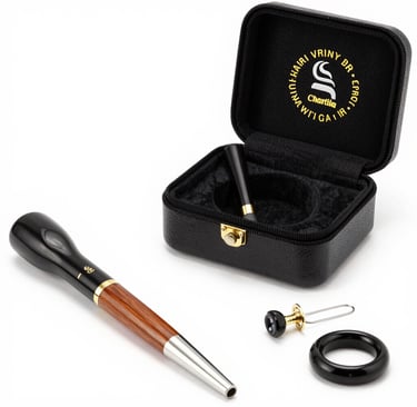 Luxury wooden tobacco pipe set with a black leather carrying case and metal accessories.