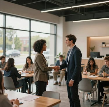 A high-quality photography shot of a modern, airy community center in a North American suburb where diverse leaders are shaking hands, conveying trust and progress.
