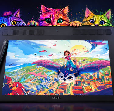 Tableta de dibujo UGEE con lápiz óptico que incluye coloridas ilustraciones de gatos y arte digital 