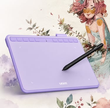 Tableta gráfica digital UGEE de color morado con lápiz óptico sobre un fondo floral de acuarela.