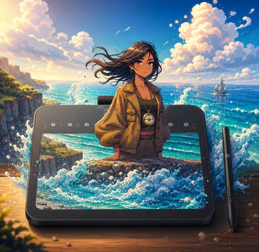 Ilustración pixelada de una chica anime emergiendo de una tableta gráfica XP-Pen sobre un paisaje co