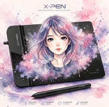 Tableta gráfica XP-Pen que muestra una ilustración digital de una chica anime en acuarela realizada 