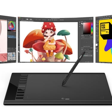 Tableta gráfica digital Ugee con lápiz óptico y software de ilustración creativa en tres monitores.