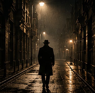 Figura solitaria en una calle oscura de estética noir.