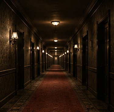 Pasillo oscuro de hotel con atmósfera de misterio.