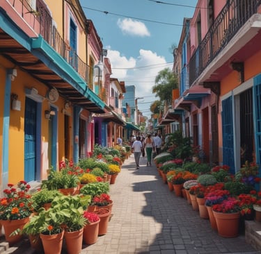 A vibrant street market in Santo Domingo with colorful stalls and lively crowds.