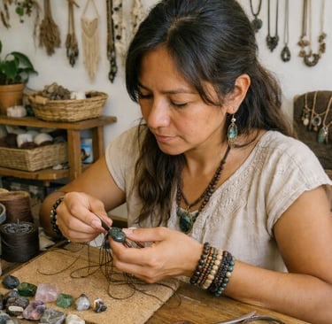 artesana de raíz nativa elaborando piezas artesanales