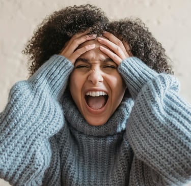 a woman with curly hair and a blue sweater