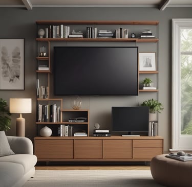 A cozy bedroom with a medium-sized TV on a wooden stand, surrounded by soft lighting.