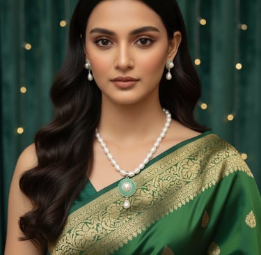 White natural freshwater pearl necklace set with green pendant and matching earrings for women