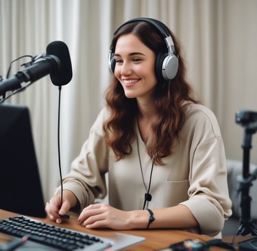 A cozy home office setup with educational books and a microphone for podcast recording.