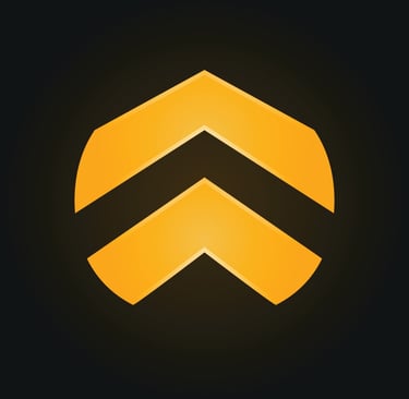 Golden chevron up arrow logo icon on a black background representing growth and success.