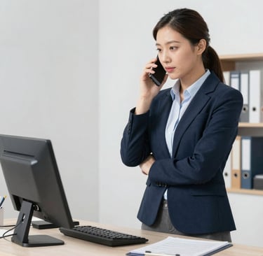 A friendly customer service representative answering a call with a headset in a bright office.