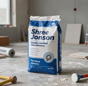Stacked Shree Jonson construction chemical containers neatly arranged on a pallet at a busy building site.