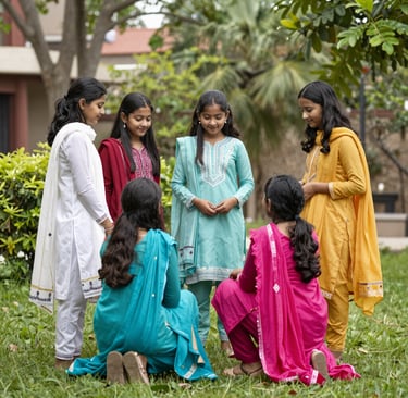 Kids wearing bright, cheerful shalwar outfits laughing and playing outdoors in a sunlit garden.