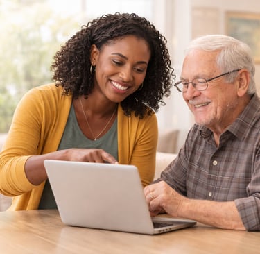 tech woman helping elderly man on his laptop