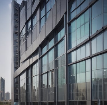 Finished building showcasing a blend of glass, ACP panels, and metal façades under a clear blue sky.