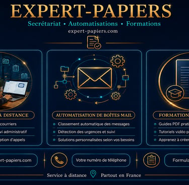 Infographic showing Expert-Papiers services: virtual assistant secretariat, email automation, and PDF video training.