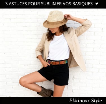 Femme stylée transformant un basique blanc avec accessoires colorés et layering chic, astuce mode 
