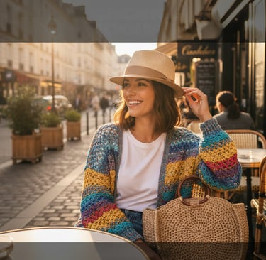 Femme stylée transformant un basique blanc avec accessoires colorés et layering chic, astuce mode 