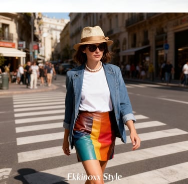 Femme stylée transformant un basique blanc avec accessoires colorés et layering chic, astuce mode 