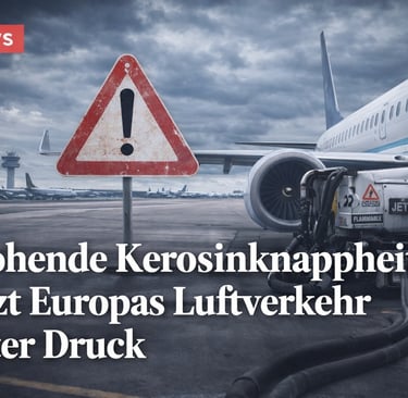 Airplane refueling at an airport with a warning sign about kerosene shortages in European aviation.