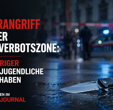 Messer auf nassem Gehweg an einem Tatort mit Blaulicht und deutschem Nachrichtentext über einen Ansc