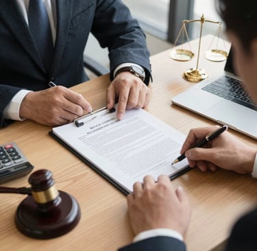 Elegant business lawyer reviewing complex documents in a modern office with blue and purple tones.