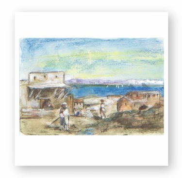 Impressionist watercolor painting of a coastal Mediterranean village with figures by the sea.