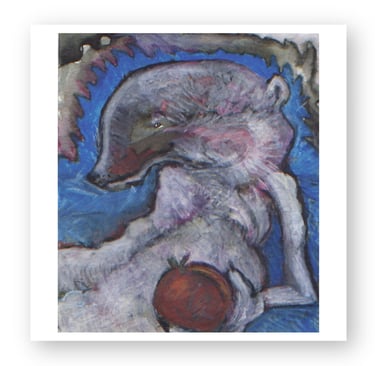 Expressionist oil painting of a wolf-like creature holding a red fruit against a blue background.