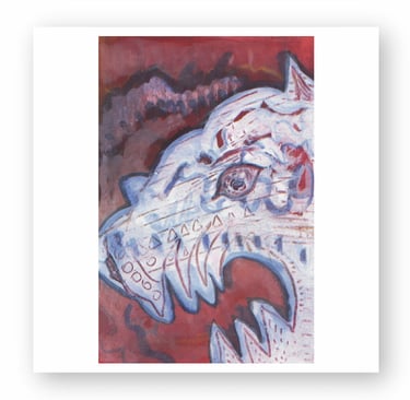 Abstract expressionist painting of a white wolf head with sharp teeth on a deep red background.