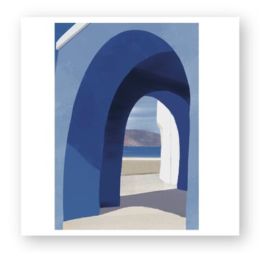 Digital painting of a blue Greek archway overlooking the Mediterranean Sea in Santorini.