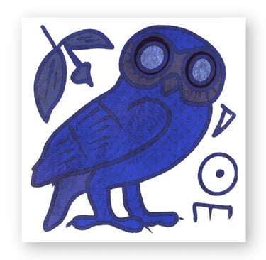 Stylized blue owl illustration inspired by an ancient Greek silver tetradrachm coin.