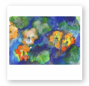 Vibrant watercolor painting of orange nasturtium flowers with green leaves on a blue background.