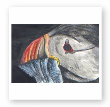 Watercolor painting of an Atlantic Puffin's head featuring a colorful orange beak and black eye.