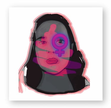 Digital pop art portrait of a woman with a purple female gender symbol over her eye.