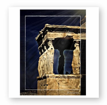 Erechtheion Temple Caryatids on the Acropolis of Athens under a starry night sky with light rays.