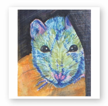 Colorful oil pastel drawing of a mouse with blue and green fur and large dark eyes.