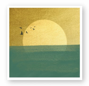 Minimalist digital painting of a golden sun setting over a green sea with birds flying.