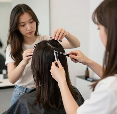 A stylist carefully trimming a client’s hair, capturing the precision and attention to detail