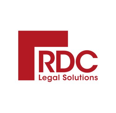 RDC Legal Solutions corporate logo featuring red text and a geometric icon on a black background.